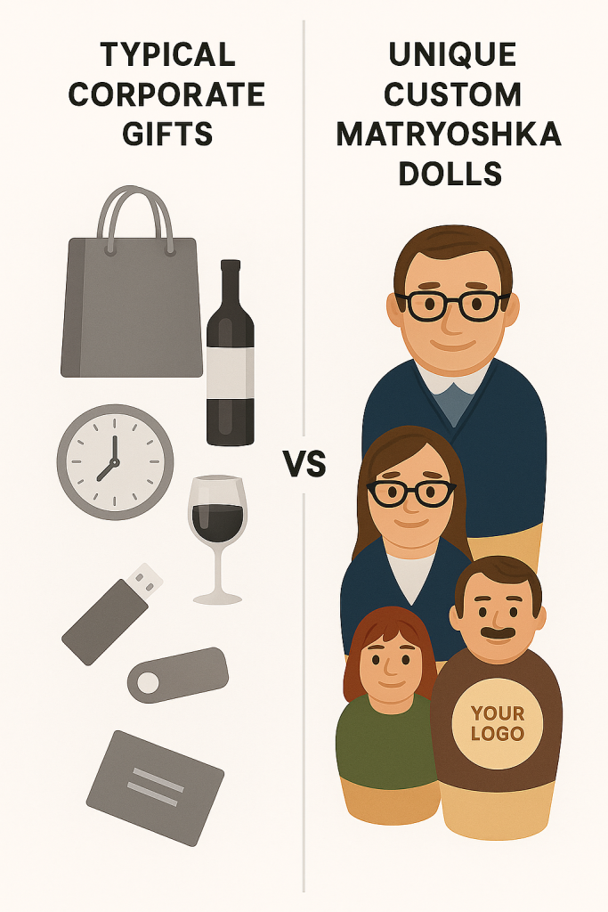 Comparison of typical corporate gifts vs. unique custom matryoshka dolls