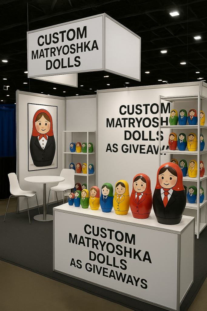 Corporate trade show booth with custom matryoshka dolls as giveaways