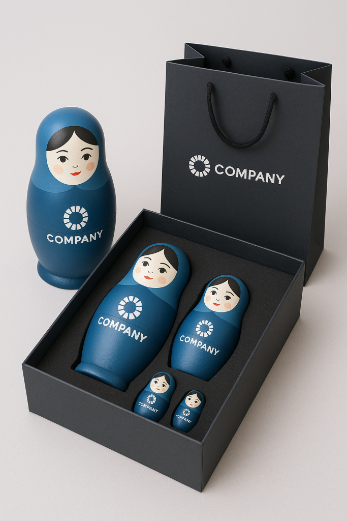 Corporate wholesale gift set of custom Russian nesting dolls in branded packaging