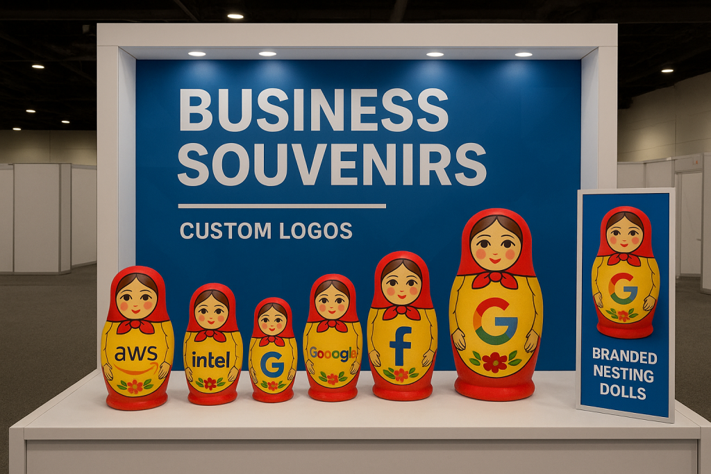 Trade show booth displaying branded nesting dolls as business souvenirs