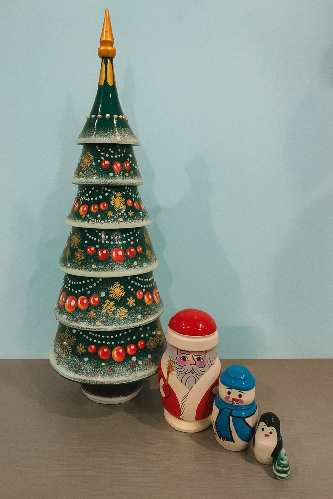 Seasonal matryoshka dolls customized with corporate branding for holiday gifts