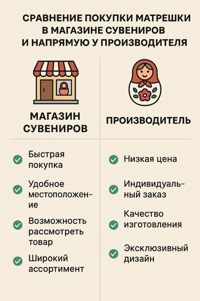 Сравнение покупки матрешки в магазине сувениров и напрямую у производителя